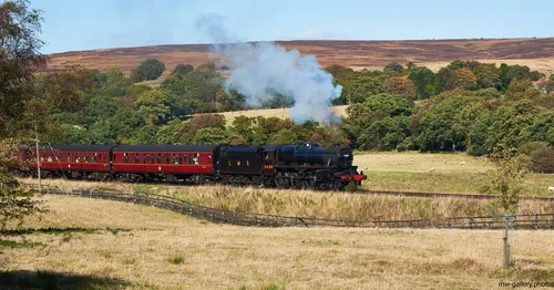 This is a landscape photograph taken in the early afternoon during the autumn season of 2018, in the North Yorkshire Moors, United Kingdom. The main subject of the image is a classic North Yorkshire steam train, which is seen travelling through the rural countryside, emitting visible plumes of smoke from its engine. The train, marked with “LMS” and the number 5428, stands out against the patchwork of open fields and rolling hills typical of the North Yorkshire Moors. The scene highlights the importance of transport in this region, particularly the heritage of steam train travel. The photograph captures the mixture of green and turning autumnal foliage across the landscape, offering a vibrant portrayal of rural life in the United Kingdom.